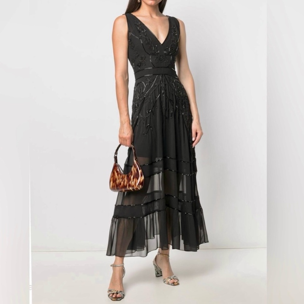 TWINSET Georgette Dress V-Neck Floral Bead Embroidered Chiffon Gown